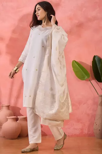 White roman silk  kurta with bottom & dupatta