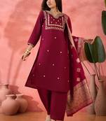 Dark-magenta roman silk  kurta set