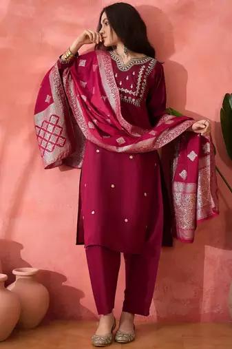 Dark-magenta roman silk  kurta set
