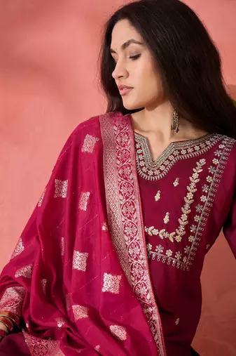 Dark-magenta roman silk  kurta set