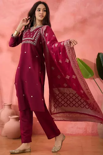 Dark-magenta roman silk  kurta set