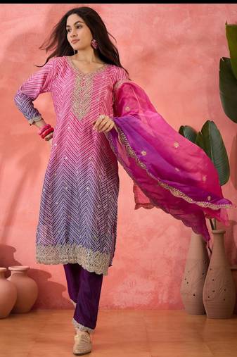 Multicolor roman silk  kurta with bottom & dupatta
