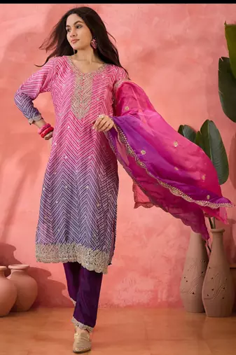 Multicolor roman silk  kurta with bottom & dupatta
