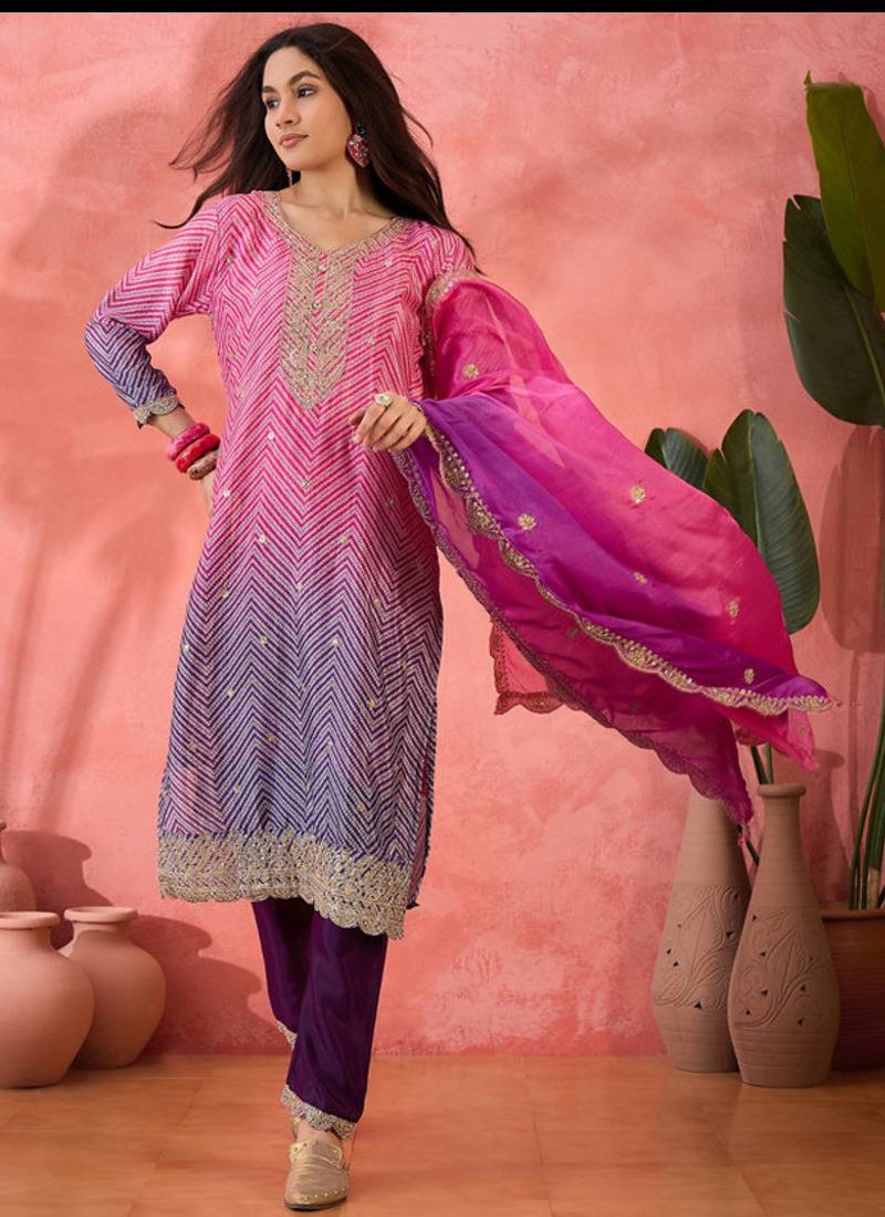 Multicolor roman silk  kurta with bottom & dupatta