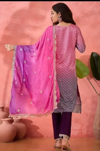Multicolor roman silk  kurta with bottom & dupatta