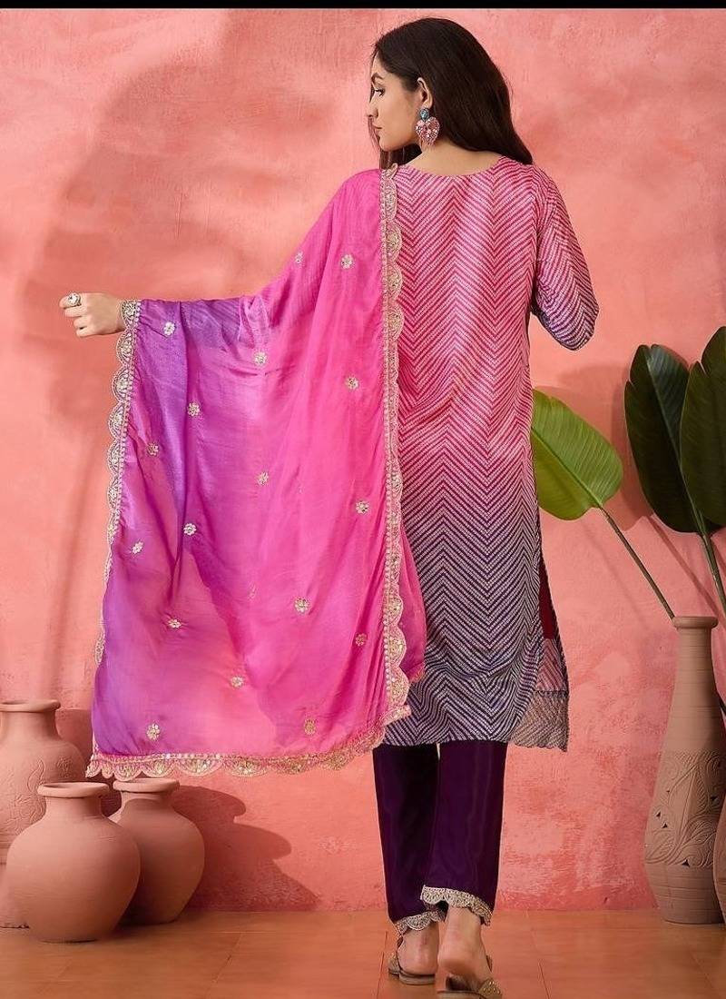 Multicolor roman silk  kurta with bottom & dupatta