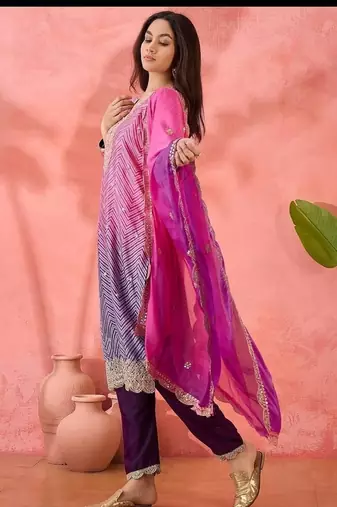 Multicolor roman silk  kurta with bottom & dupatta