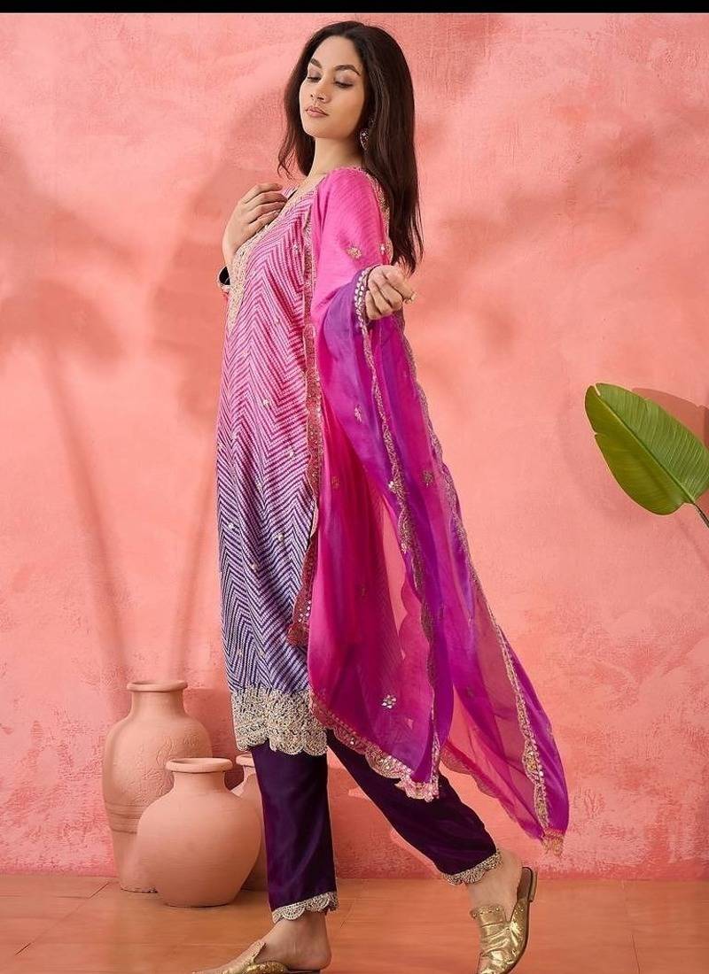 Multicolor roman silk  kurta with bottom & dupatta