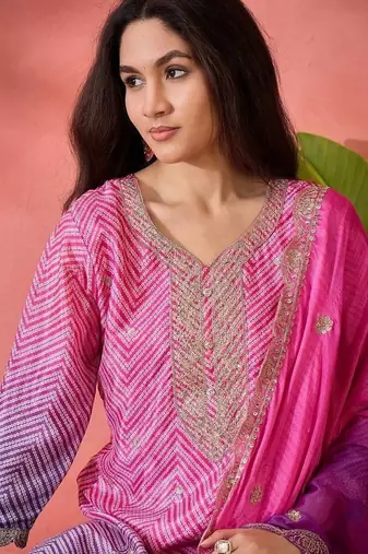 Multicolor roman silk  kurta with bottom & dupatta