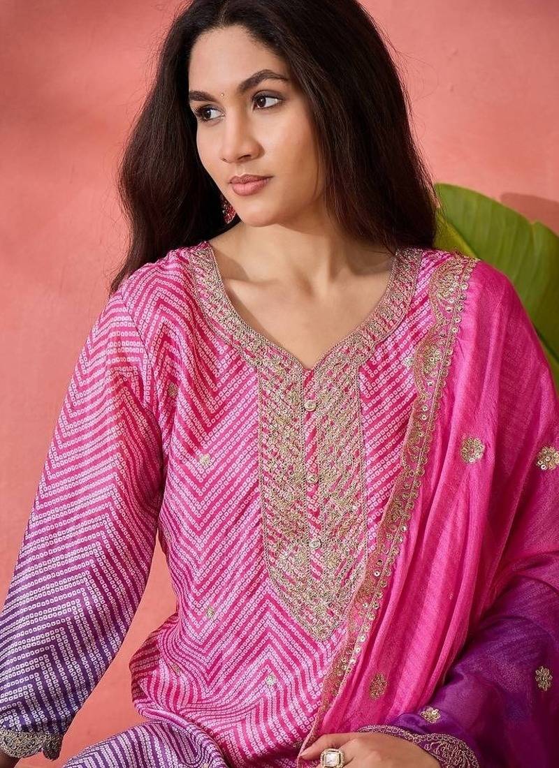 Multicolor roman silk  kurta with bottom & dupatta