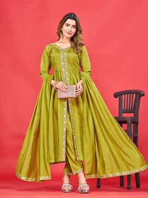 Womens latest pure art silk embroidery work kurta set 1