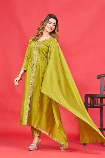 Womens latest pure art silk embroidery work kurta set
