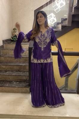 PURPLE  CHINON  EMBROIDERY PARTY WEAR  SHARARA SUIT SET  1
