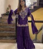 PURPLE  CHINON  EMBROIDERY PARTY WEAR  SHARARA SUIT SET 