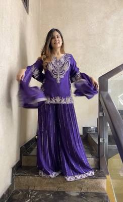 PURPLE  CHINON  EMBROIDERY PARTY WEAR  SHARARA SUIT SET  3