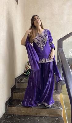 PURPLE  CHINON  EMBROIDERY PARTY WEAR  SHARARA SUIT SET  4