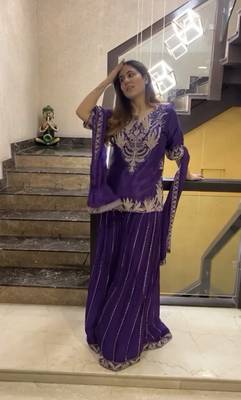 PURPLE  CHINON  EMBROIDERY PARTY WEAR  SHARARA SUIT SET  5