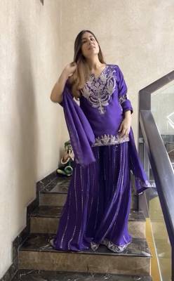 PURPLE  CHINON  EMBROIDERY PARTY WEAR  SHARARA SUIT SET  6