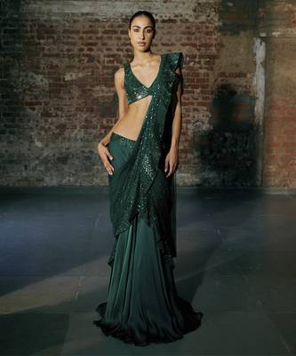 Emerald green drape saree 1