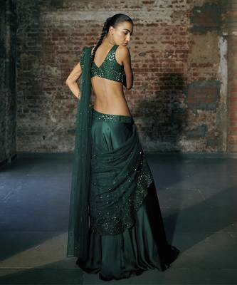 Emerald green drape saree 4