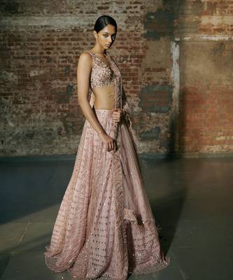 Rose Gold Swarm Lehenga Set Paired With Blouse And Dupatta 1