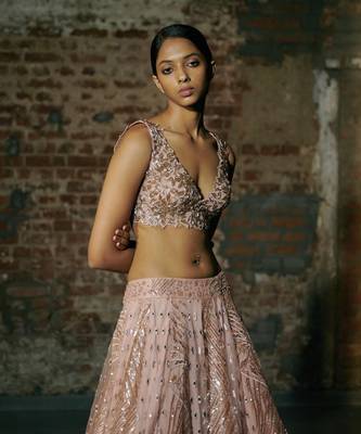Rose Gold Swarm Lehenga Set Paired With Blouse And Dupatta 2