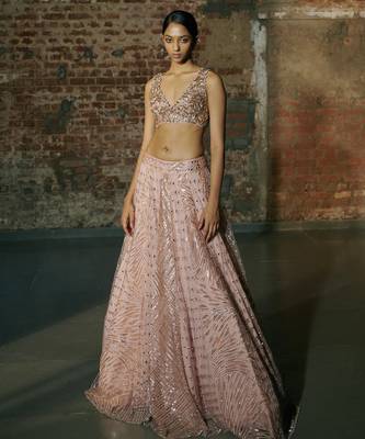 Rose Gold Swarm Lehenga Set Paired With Blouse And Dupatta 3