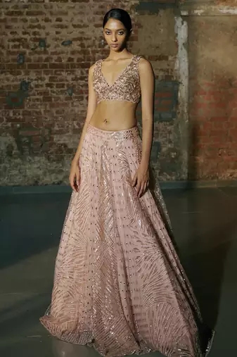 Rose Gold Swarm Lehenga Set Paired With Blouse And Dupatta