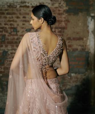 Rose Gold Swarm Lehenga Set Paired With Blouse And Dupatta 4