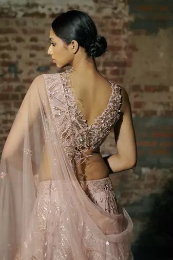 Rose Gold Swarm Lehenga Set Paired With Blouse And Dupatta