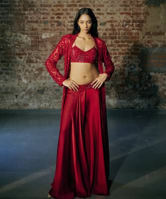 Red long sharara with jacket set 1
