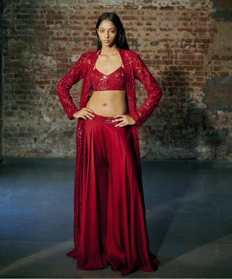 Red long sharara with jacket set 2