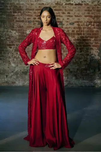 Red long sharara with jacket set