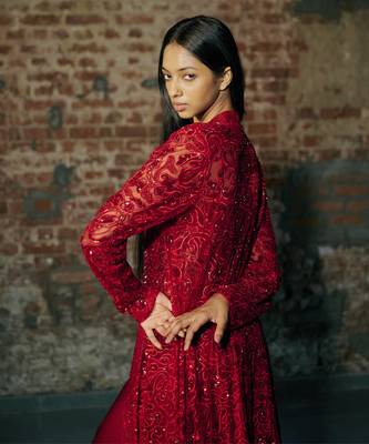 Red long sharara with jacket set 4