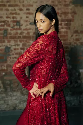 Red long sharara with jacket set