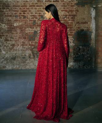 Red long sharara with jacket set 5