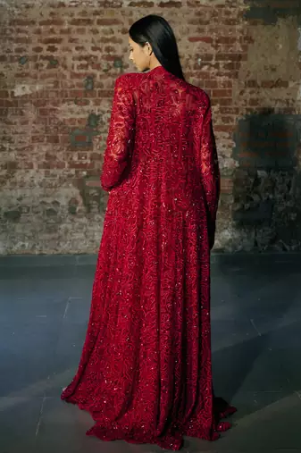 Red long sharara with jacket set