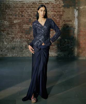 Navy blue short jacket skirt set 1