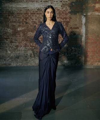 Navy blue short jacket skirt set 2