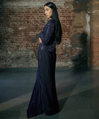 Navy blue short jacket skirt set 3