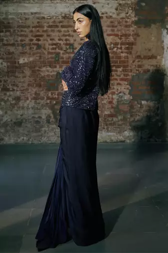 Navy blue short jacket skirt set