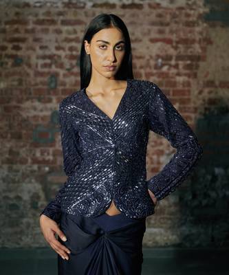 Navy blue short jacket skirt set 4