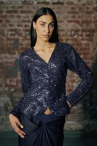 Navy blue short jacket skirt set