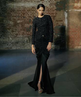 Black short jacket with drape skirt set 1