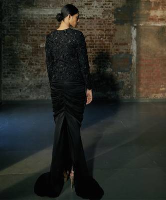 Black short jacket with drape skirt set 2