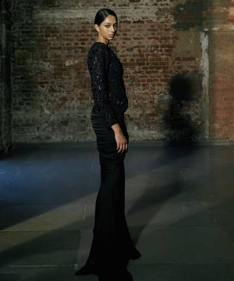 Black short jacket with drape skirt set 3