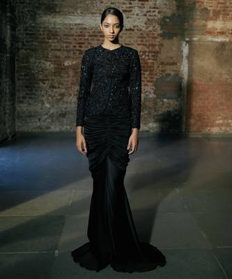 Black short jacket with drape skirt set 4