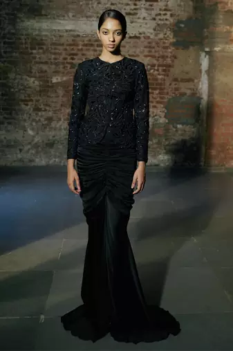 Black short jacket with drape skirt set