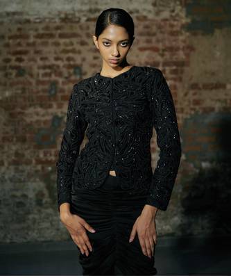 Black short jacket with drape skirt set 5