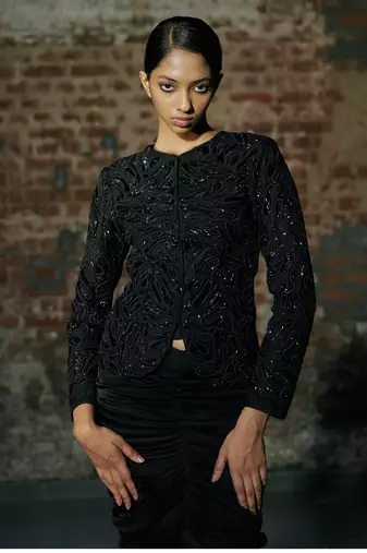 Black short jacket with drape skirt set